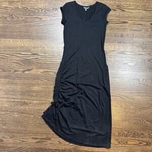 Toad&Co Dress Womens XS Black Ruched T-Shirt V Neck Short Sleeve Pockets Casual